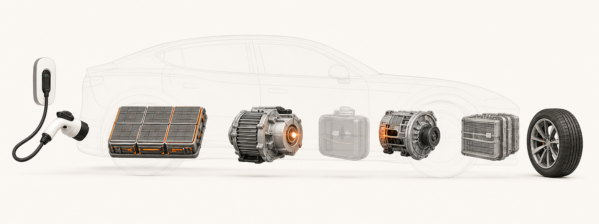Technical exploded view of electric and hybrid powertrain components